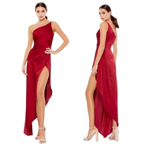 NEW IEENA for Mac Duggal Red One Shoulder Hi-Low Draped Charmeuse Dress Size 6 - Picture 1 of 12